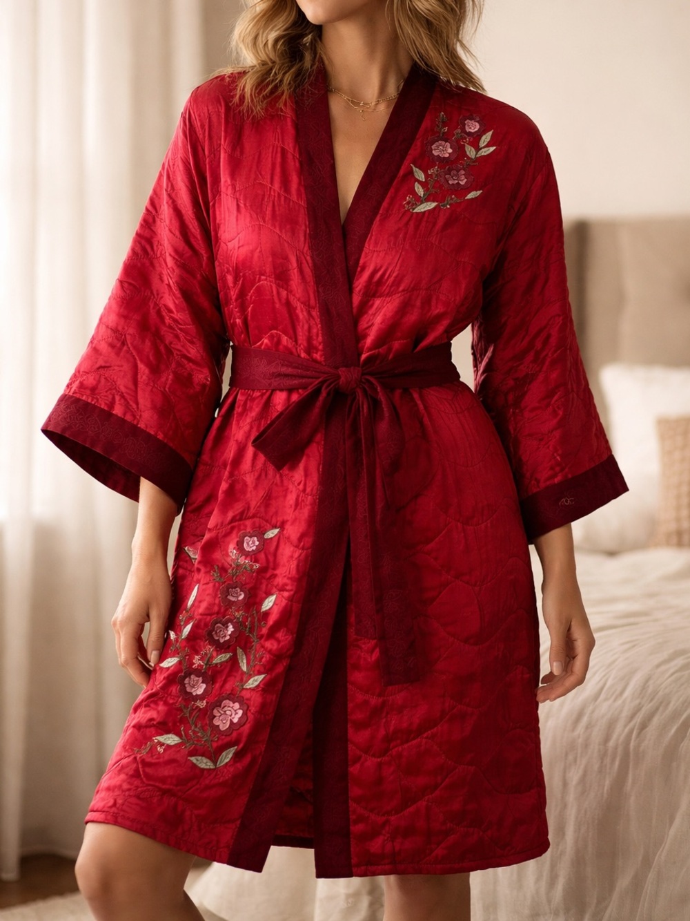 Rare Vintage Y2K Eloise Silk Kimono Robe Quilted Butterfly Floral Embroidery